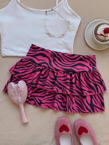 SHEIN EZwear 休閒極簡女款雙層荷葉邊 A 字裙，配雙層波浪百褶飾邊，粉色豹紋印花裙，適合派對季節，結合休閒、極簡、運動與街頭風，百搭單品，適用派對聚會、機場穿搭與 Y2K 風格造型，學院風設計，時尚街頭穿搭與夏季穿搭首選 - 彩色 - 查看 3