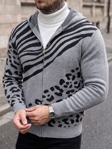 Manfinity CasualCool Men's Hooded Zip-Up Knit Cardigan, Colorblock Patchwork Leopard & Zebra Print Mixed Short Casual Sweater Jacket - Grey - View 5