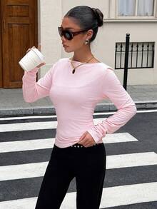 Muchica Fashion Basic Sage Green Boat Neck Knit Long Sleeve T-Shirt For Women, Suitable For Daily Commute, Streetwear, Party, Autumn/Winter - Pink - View 3