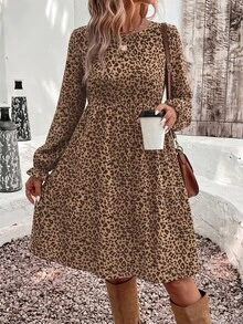 SHEIN VCAY Casual Minimalist Retro Leopard Print Loose Round Neck Plus Size Dress Suitable For Autumn/Winter - Multicolor - View 6
