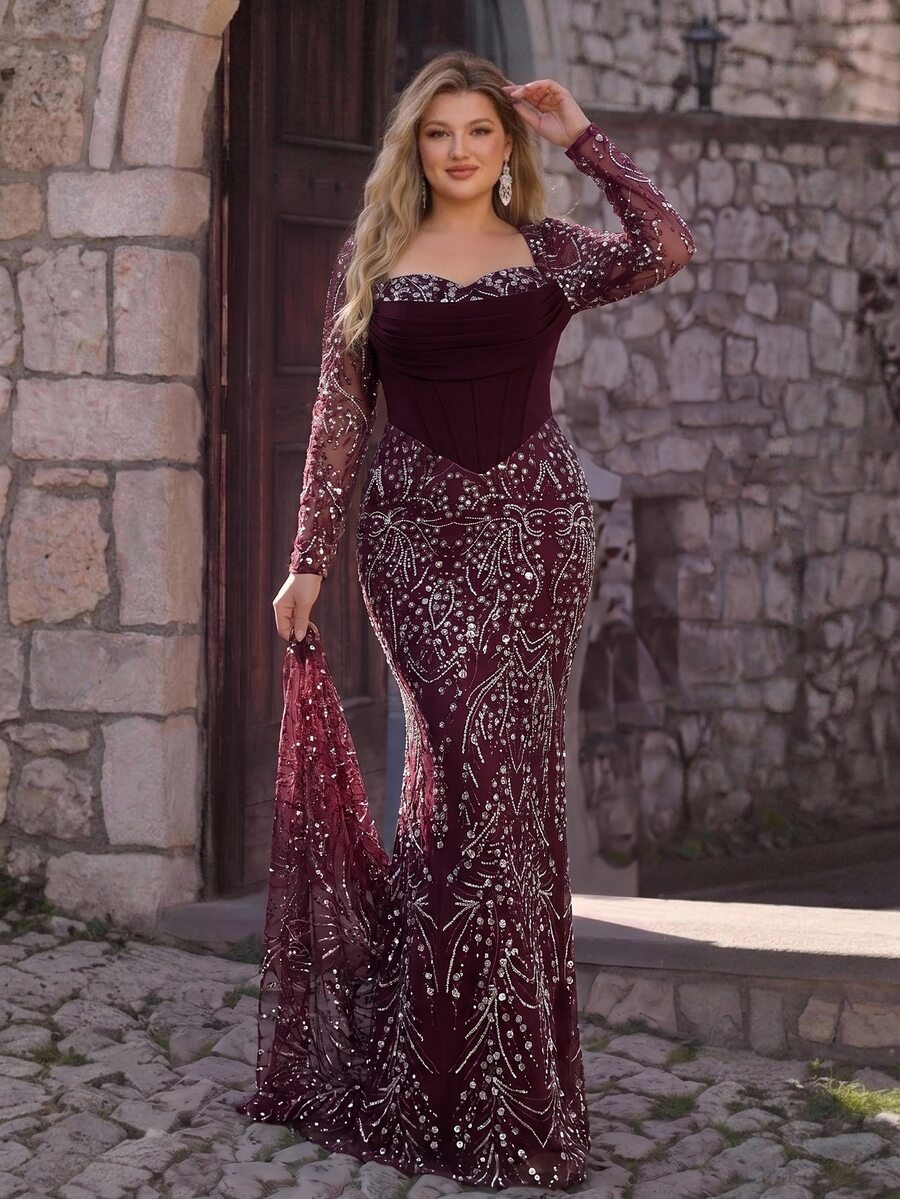 Glamrae Plus Size Elegant Luxury New Beaded Sequin Embroidered Lace Bubble Patchwork Elastic Knit Ruched Mermaid Dress With Puff Sleeves, Suitable For Wedding Events, Bachelorette Party, Vacation, Prom, Evening Gown (Intricate Design) - Burgundy - View 1