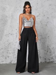 SHEIN SXY 女款街頭風百褶寬鬆牛仔長褲 - 黑色 - 查看 6