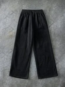 SHEIN 兒童青少年男孩休閒日常百搭舒適黑色長褲，灰色刺繡圖案印花，直筒寬鬆運動褲，適合返校、生日派對、晚會、表演、婚禮、洗禮、開學典禮等場合，適合日常穿著、學校、旅行、運動，四季皆宜 - 黑色 - 查看 4