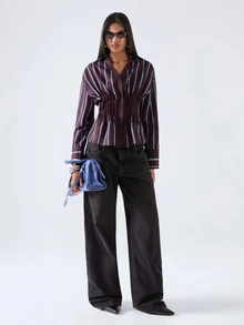 LYSMO Women's Dark Purple Cinched Waist Pleated Design Fashion Casual Smart Casual Elegant Shirt Office Brunch - Brown - View 7