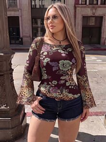 SHEIN ICON 大尺碼復古 Y2K 中式花卉印花喇叭袖不對稱下擺網眼針織上衣 秋季 - 酒紅色 - 查看 10