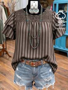 Linhara Plus Size Women's Striped Round Neck Top, Front Shirred Double Layer Flutter Sleeve Design, Loose Shirred Slimming, Casual Vacation Style Comfortable Blouse - Brown - View 1