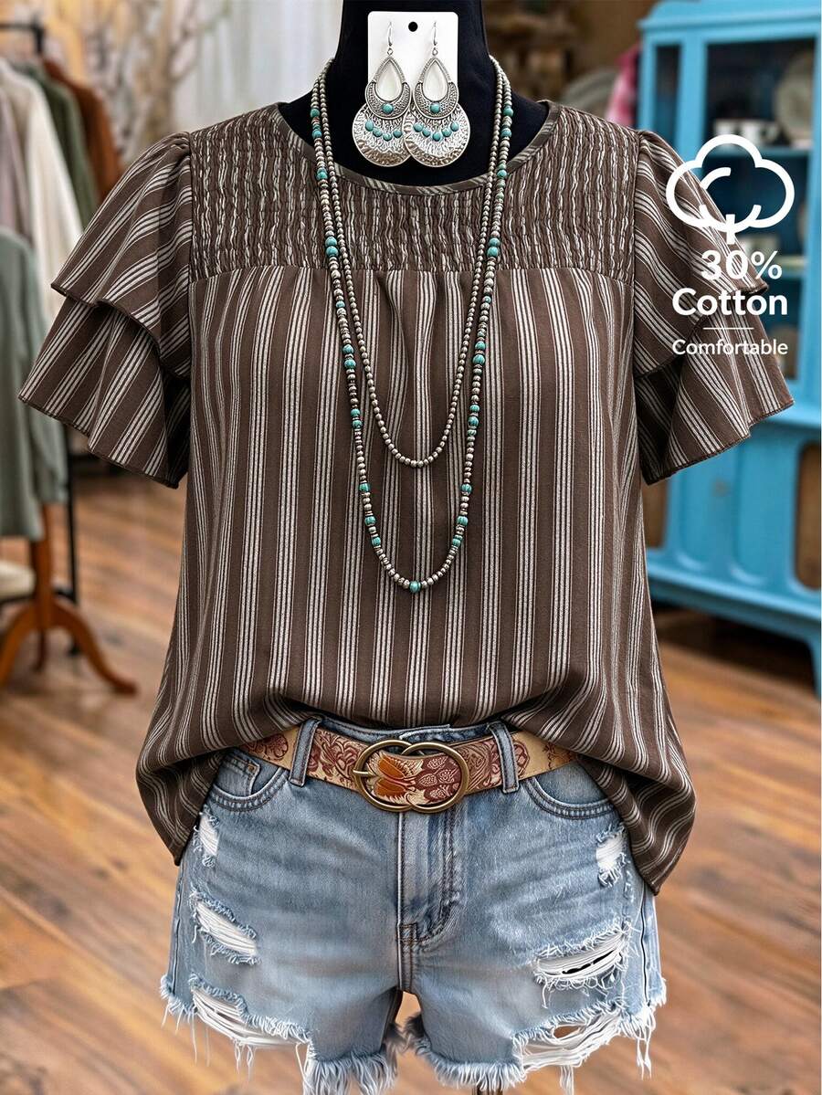Linhara Plus Size Women's Striped Round Neck Top, Front Shirred Double Layer Flutter Sleeve Design, Loose Shirred Slimming, Casual Vacation Style Comfortable Blouse - Brown - View 1
