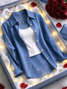 GlowEve Women's Single-Breasted Long Sleeve Shirt And Solid Color Camisole Casual 2 Pieces Set - Blue - View 5