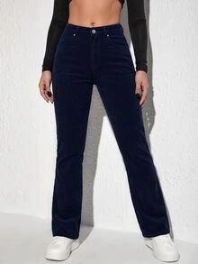 SHEIN Unity Button Pocket Denim Corduroy Flared Leg Pants - Dark Wash - View 3