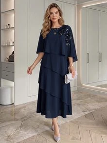 Medorina Women's Round Neck Casual Party & Travel Long Dress - Navy Blue - View 4