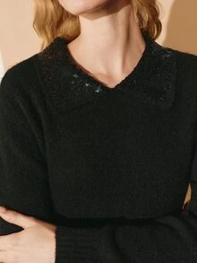 MOTF PREMIUM WOMEN'S FAUX RABBIT FUR COLLAR BEADED SWEATER, AUTUMN/WINTER - Black - View 2