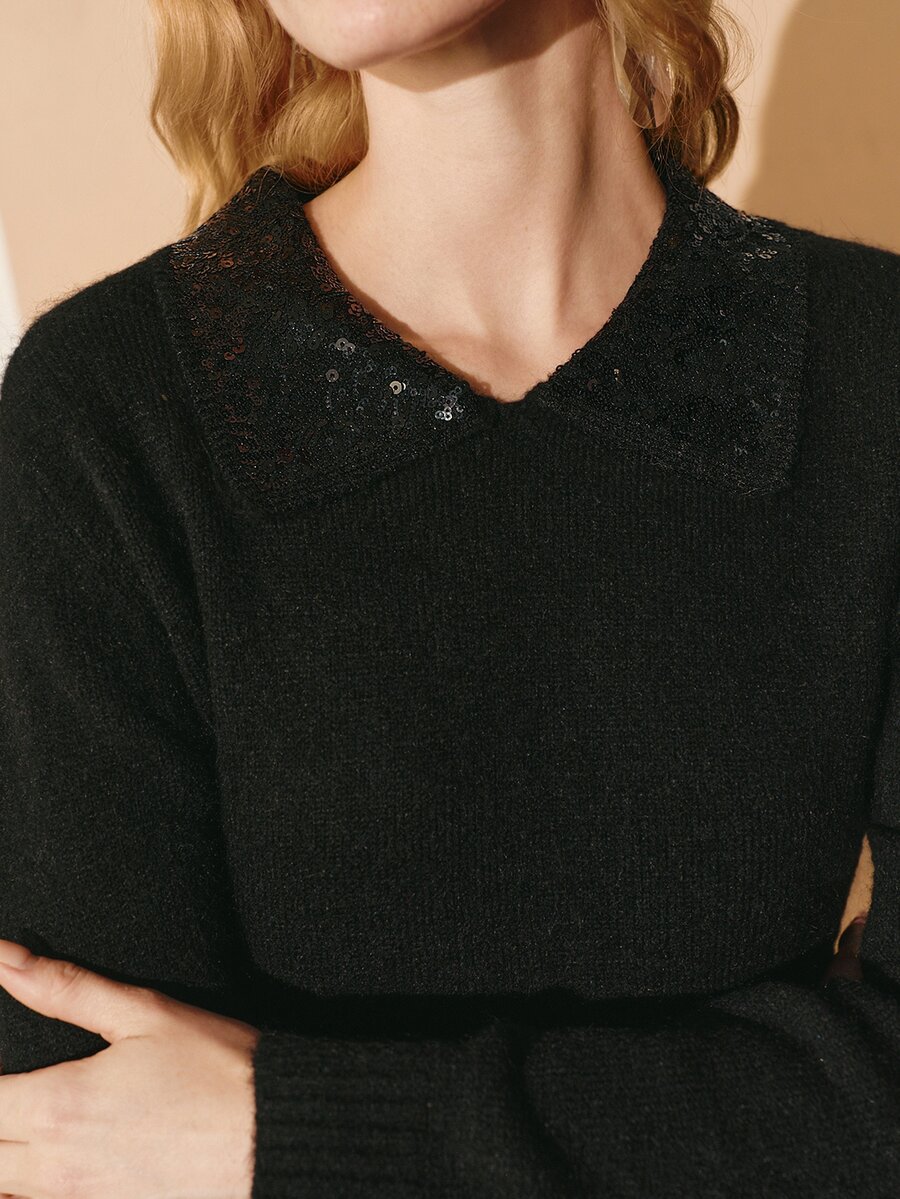 MOTF PREMIUM WOMEN'S FAUX RABBIT FUR COLLAR BEADED SWEATER, AUTUMN/WINTER - Black - View 2