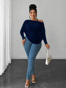 Maweii Off-Shoulder Draped Long Sleeve Blouse, Solid Color Elastic Knit Cold Shoulder Elegant Top Fall - Navy Blue - View 5