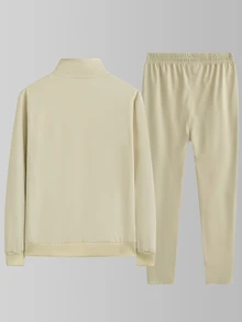 Manfinity Homme 男士字母圖案拉鍊外套與運動長褲套裝，秋季服飾 - 卡其色 - 查看 2