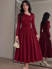SHEIN 青少年女孩 春/秋季休閒優雅復古紅色針織不對稱抓褶蝴蝶結設計A字收腰長洋裝，適合聖誕節、新年、派對穿著，紅色洋裝 - 酒紅色 - 查看 1