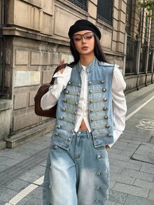StreetHx Fashion Street Style Rivet Button Denim Jacket - Light Wash - View 4