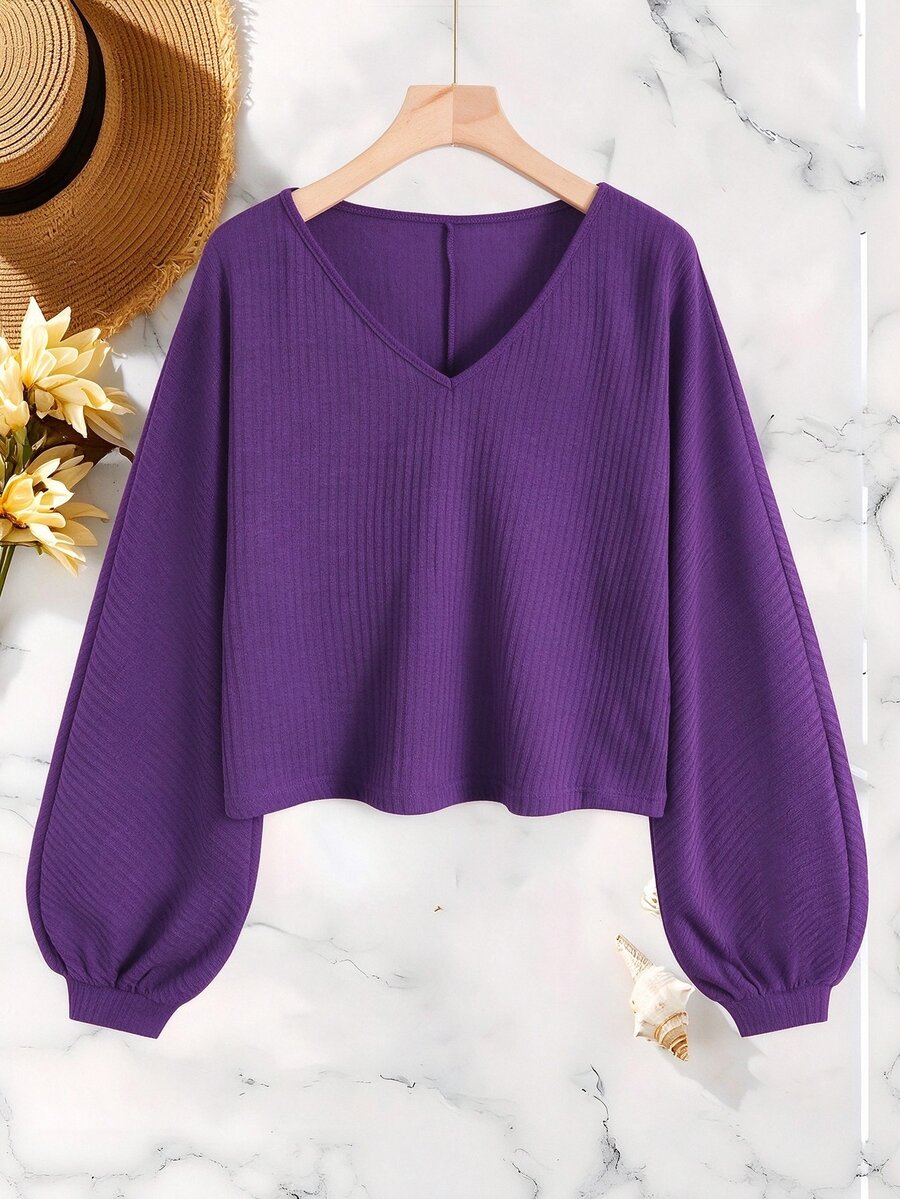QUELARIE Áo kiểu cổ chữ V dáng rộng thoải mái size lớn cho mùa thu - Màu tím - Xem 1