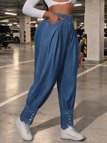 Slaydiva Plus Size Women Non-Stretch Denim Lantern Pants Cowboy Outfits For Women - Medium Wash - View 5