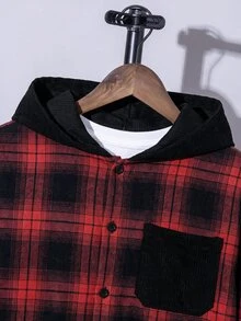 SHEIN 青少年男孩秋季新款連帽格紋帽，兒童時尚復古黑紅格紋長袖開襟上衣，寬鬆連帽口袋設計夾克，春秋休閒多功能外套 - 彩色 - 查看 3