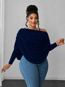 Maweii Off-Shoulder Draped Long Sleeve Blouse, Solid Color Elastic Knit Cold Shoulder Elegant Top Fall - Navy Blue - View 4
