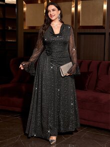 SHEIN Clasi فستان مقاس كبير بياقة كول مزين بالترتر وزخارف زهرية ثلاثية الأبعاد - الذهبي - مشاهدة 2