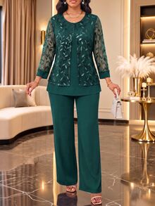SHEIN Lady 女款對比蕾絲長袖圓領上衣與寬鬆長褲兩件套，海軍藍，秋季優雅，適合婚禮、晚餐、半正式場合 - 墨綠色 - 查看 5