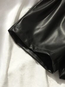 SHEIN Girls' Lotus Bud Elastic Waist Faux PU Leather Matte Black Loose A-Line Short Pants - Black - View 4
