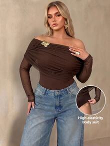 Auralis Plus Size Asymmetrical Shoulder Metal Buckle Decor Cinched Waist Long Sleeve Mesh High Elastic Brown Bodysuit/Elegant Party Winter - Brown - View 7