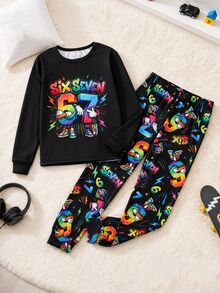 SHEIN 青少年男孩塗鴉數字67圖案圓領長袖休閒舒適修身居家睡衣套裝 2件組 - 彩色 - 查看 1
