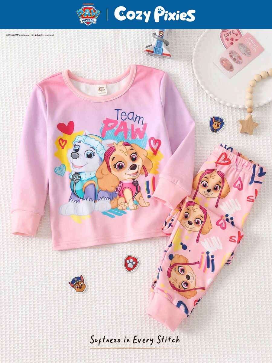Cozy Pixies | PAW Patrol 女童可愛舒適百搭卡通印花長袖上衣與長褲套裝,修身睡衣套裝 - 彩色 - 查看 1