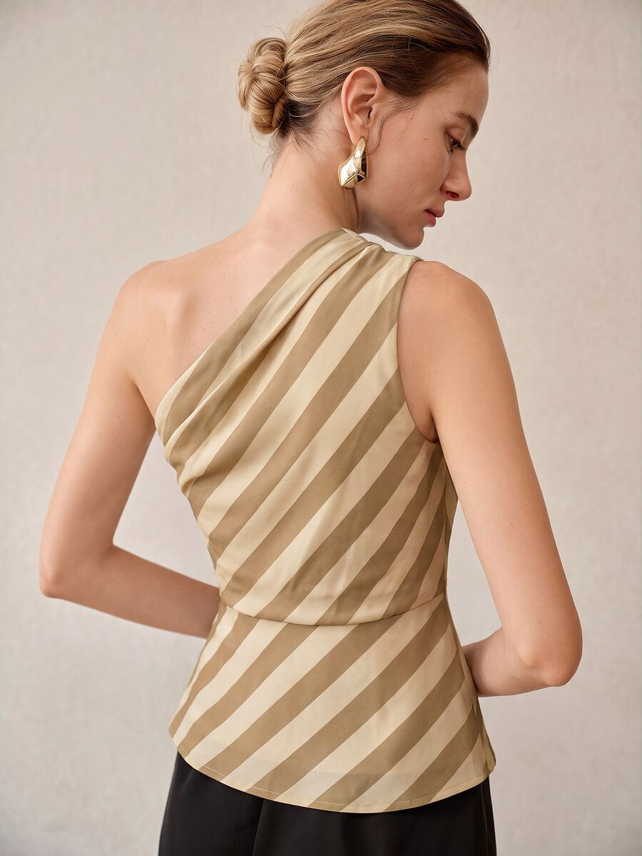 MOTF PREMIUM Áo sát nách nữ cao cấp 2026 xuân/hè, một vai, phối màu khối sọc, chiết eo - Màu Khaki - Xem 2