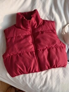 CovetEZ 女款純色拉鍊休閒百搭棉填充背心外套 - 紅色 - 查看 4