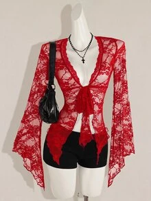 SHEIN ICON 女款時尚黑色V領蕾絲上衣，飄逸喇叭袖性感上衣 - 紅色 - 查看 1