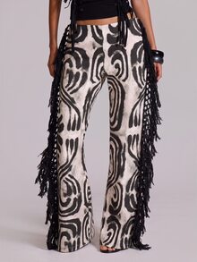 MUSERA Denim Leopard Print Low Rise Fringe Jeans Summer Autumn Going Out Festival Cool Girl Furiosa - Multicolor - View 3