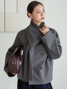 Dazy-Less Women's Winter Grey Lapel Long Sleeve Double-Breasted Solid Color Loose Casual Versatile Overcoat - Grey - View 3