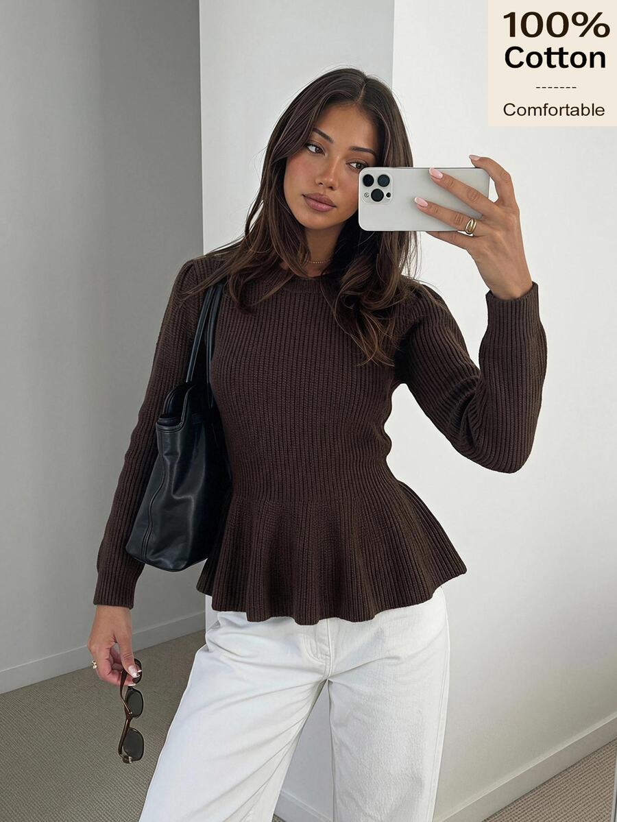 Siren Gaze 100% Cotton Fall Winter Brown Peplum Sweater Women's Vintage ...