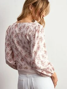 Willow Rêve Women's Cream Floral Lace Patchwork Puff Long Sleeve Top - Cream - View 2