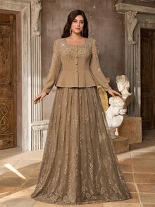 Serin Plus Size Elegant Romantic Khaki Square Neck Luxury Rhinestone & Pearl Embellished 2 In 1 Lace A-Line Dress, Suitable For Wedding, Party, Celebration, Heavy Work Bridal Mother Dress - Khaki - View 7