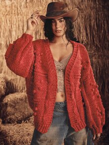 SoleilVie Women's Solid Color Drop Shoulder Long Sleeve Loose Knit Cardigan - Red - View 3