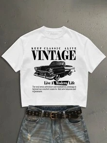 StoneGrade Kaos Lengan Pendek Longgar Pria Ukuran Standar Warna Putih dengan Motif Huruf Tipografi Mobil Balap Klasik Amerika - Putih - View 1