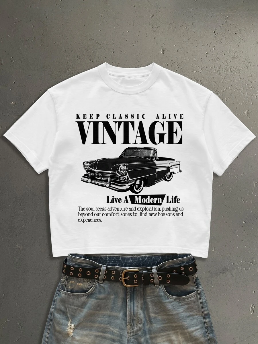 StoneGrade Kaos Lengan Pendek Longgar Pria Ukuran Standar Warna Putih dengan Motif Huruf Tipografi Mobil Balap Klasik Amerika - Putih - View 1