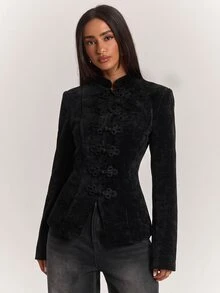 SHEIN BAE 女款復古青蛙鈕扣長袖收腰西裝外套 - 黑色 - 查看 5