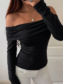 DAZY 女款露肩抓皺長袖修身卡其色純色打底T恤，適合夜晚外出、日常穿搭、約會、秋季休閒 - 黑色 - 查看 5