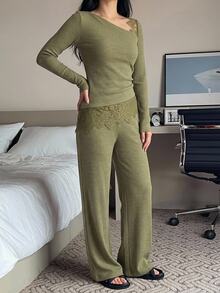 DAZY 2pcs Lace Patchwork Slim Fit Long Sleeve Top & Straight Leg Long Pajama Pants Women's Sleepwear Set - Army Green - View 5