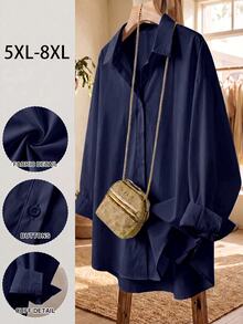 SHEIN CURVE+ 大尺碼秋冬寬鬆白色基本款長袖鈕扣襯衫上衣，2026 22W - 藏蓝色 - 查看 3