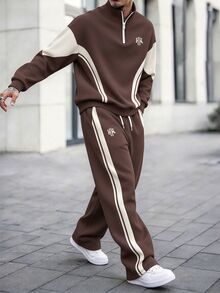 Manfinity Homme Men's Loose-Fit 2 Pieces Polyester Quarter-Zip Sweatshirt And Sweatpants Set With Brown And Khaki Color Block For Streetwear - Multicolor - View 1