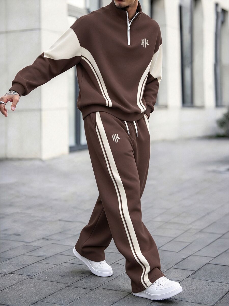 Manfinity Homme Men's Loose-Fit 2 Pieces Polyester Quarter-Zip Sweatshirt And Sweatpants Set With Brown And Khaki Color Block For Streetwear - Multicolor - View 1