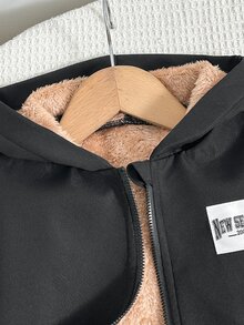 SHEIN 男嬰黑色抓絨內裡夾克、棕色抓絨內衣針織兩件套，適合通勤、上學、日常休閒、度假旅行、運動，適用冬季與新年出遊 - 黑色 - 查看 6