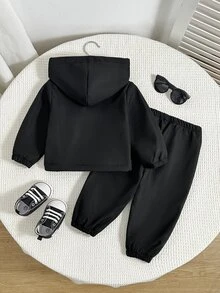 SHEIN 男嬰黑色抓絨內裡夾克、棕色抓絨內衣針織兩件套，適合通勤、上學、日常休閒、度假旅行、運動，適用冬季與新年出遊 - 黑色 - 查看 2