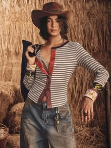 SHEIN Women Fall Spring Long Sleeve Top, Boho Bohemian Retro Y2K Style Striped Ribbed Knit With Floral Embroidery Placket Contrast Cuff Slim Fitted T - Apricot - View 4